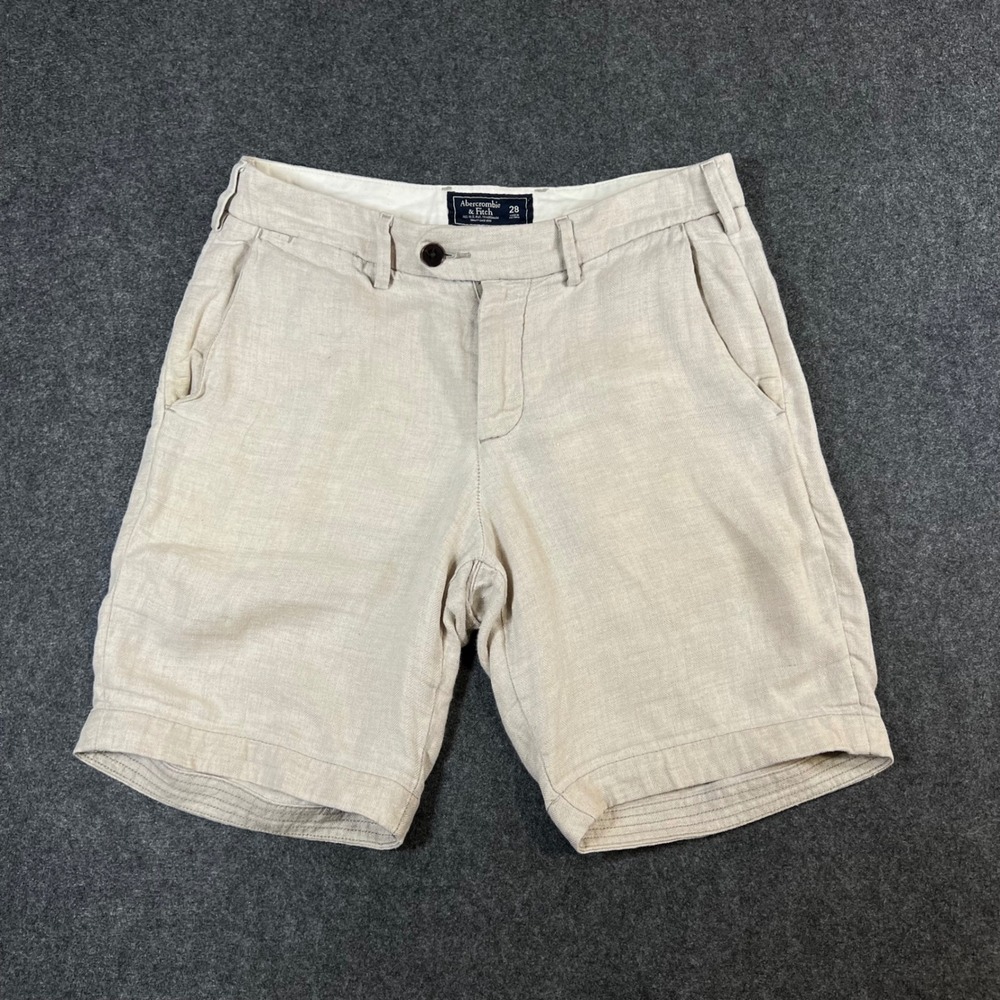 Abercrombie & Fitch Mens 28 Linen Shorts Beige Herringbone Casual Summer Linens